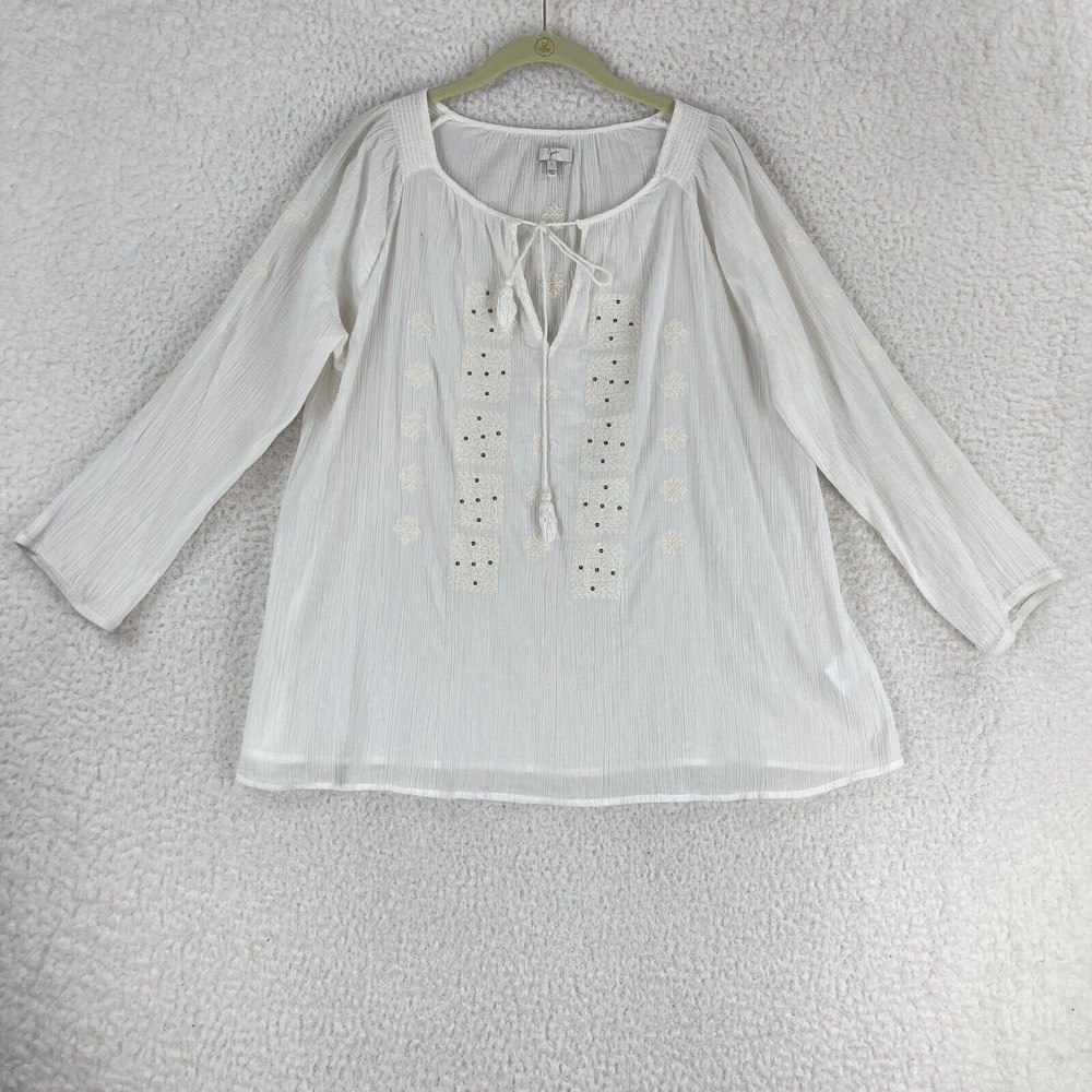 Joie White Embroidered Crepe Boho Shirt Womens Long Sleeve Pullover Size Large
